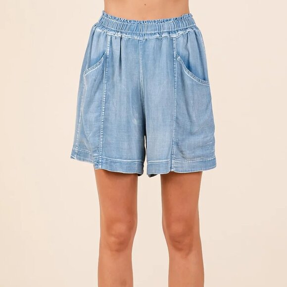 mittoshop Pants - Mittoshop Washed Chambray Elastic Waist‎ Easy Fit Shorts